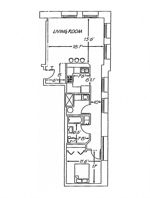 Floor plan for 1 bed, 1 bath, 750 sqft